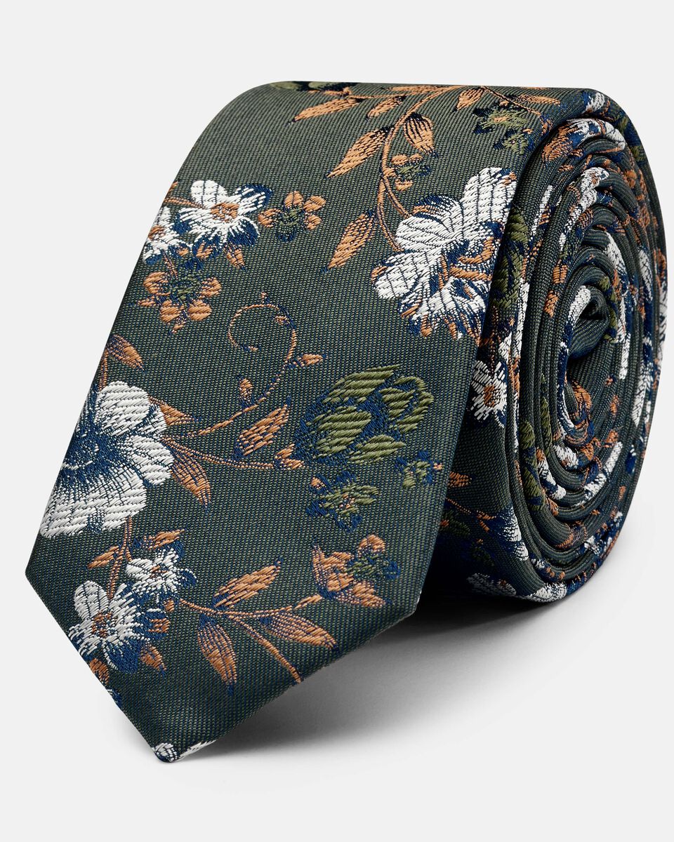 Siviano Ultra Slim Floral Silk Tie, Khaki, hi-res